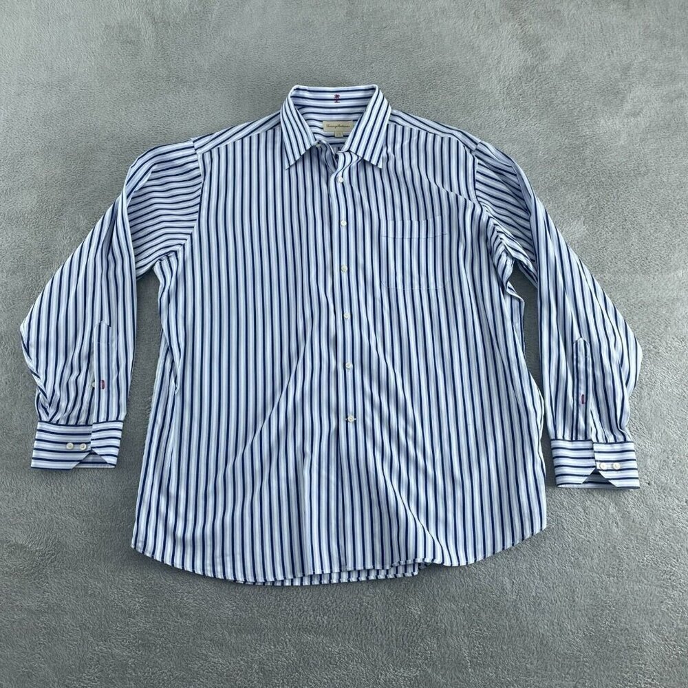 Tommy Bahama Mens Blue & White Striped Long Sleeve Button-Down Shirt Size 17.5 1